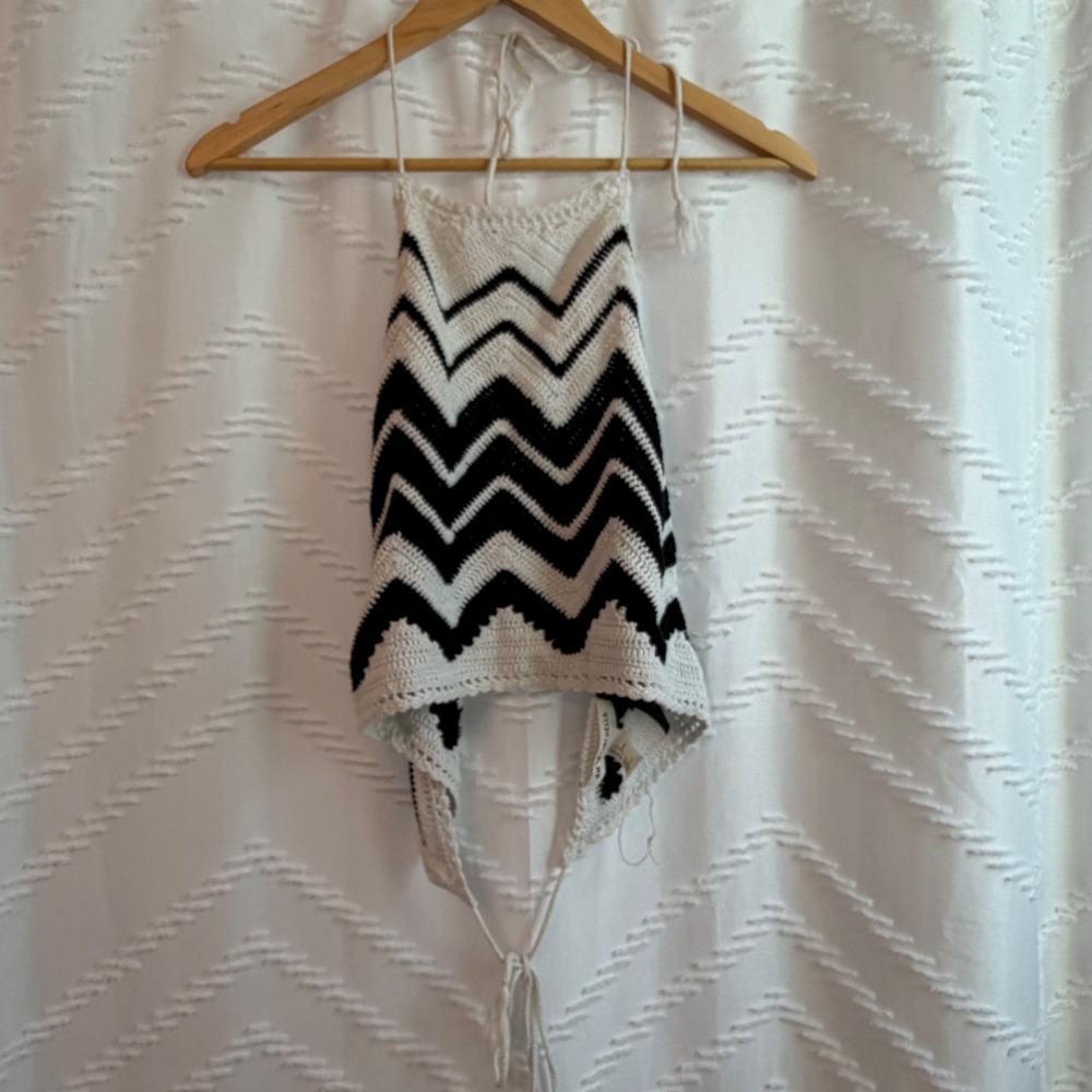 H&M Coachella Crochet Halter Top Black White Chevron Zigzag Cotton Large
